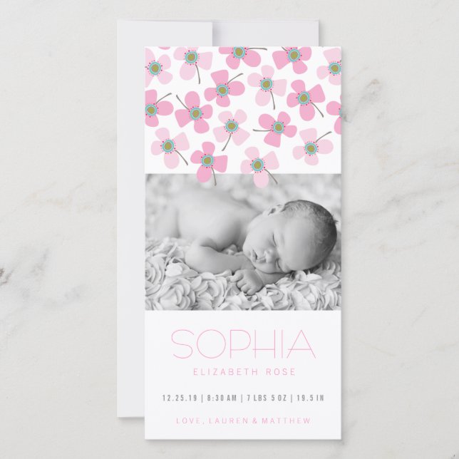 Sweet Pink Daisies Baby Girl Birth Announcement (Front)