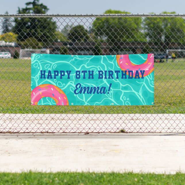 Sweet Pink Doughnut Blue Water Pool Party Birthday Banner (Insitu)