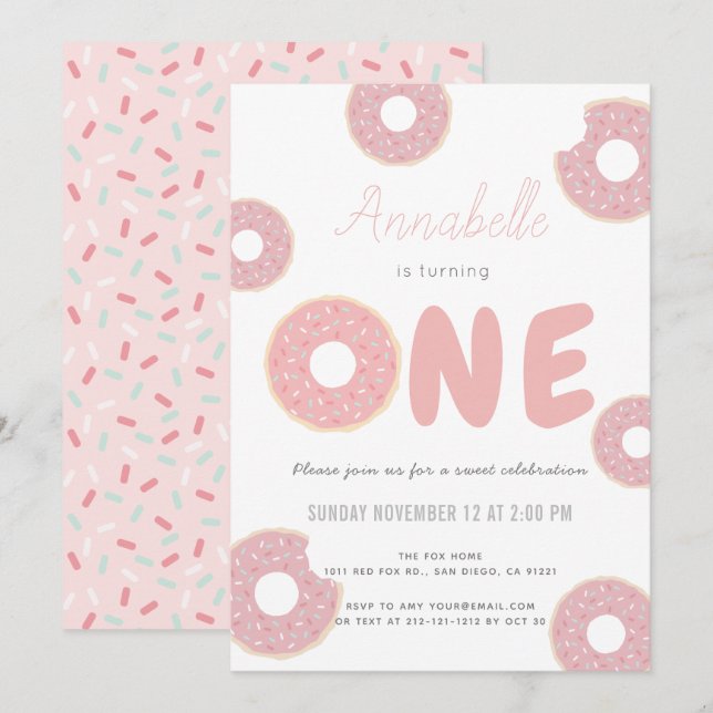 Sweet Pink Doughnut Girl 1st Birthday Invitation (Front/Back)