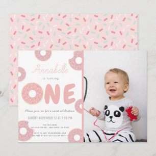 Sweet Pink Doughnut Girl Photo 1st Birthday Invitation