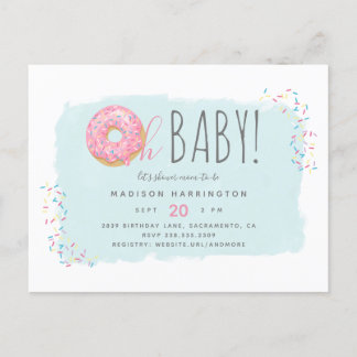 Sweet Pink Doughnut Sprinkle Modern Oh Baby Shower Invitation Postcard