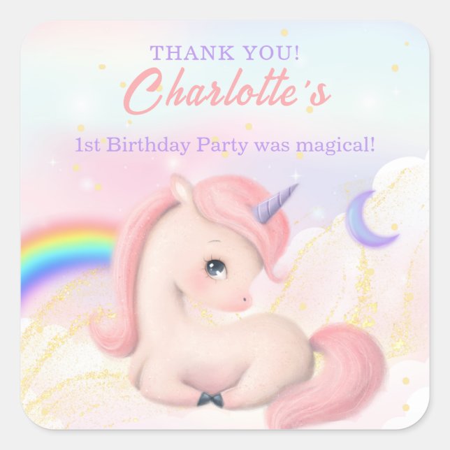 Sweet Pink Elegant Unicorn Rainbow Square Sticker (Front)