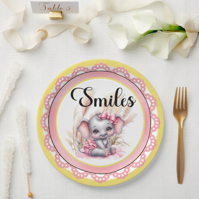 Sweet Pink Elephant - Peanut Smiles  Paper Plate (Wedding)