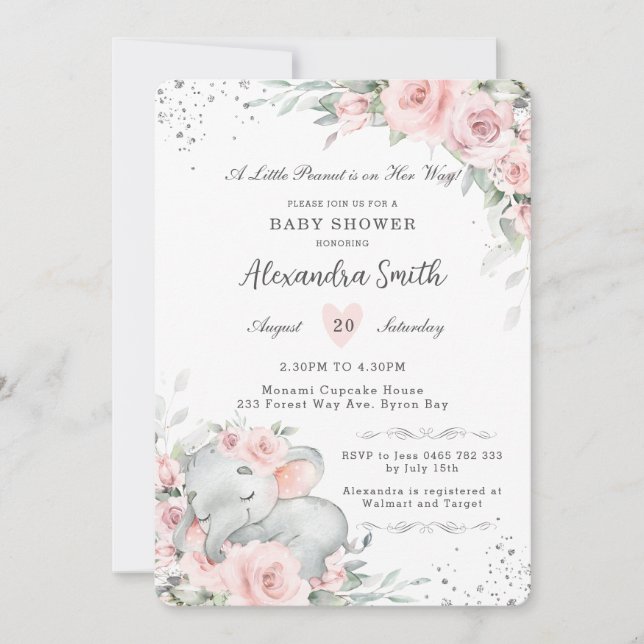 Sweet Pink Floral Adorable Elephant Baby Shower Invitation (Front)