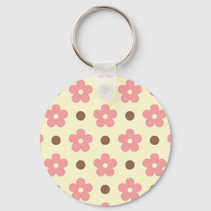 Sweet Pink Floral and Brown Polkadot Retro Key Ring
