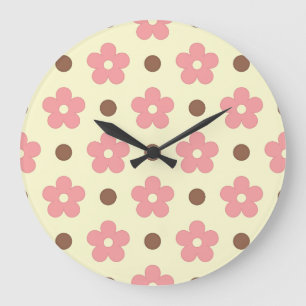 Sweet Pink Floral and Brown Polkadot Retro Large Clock