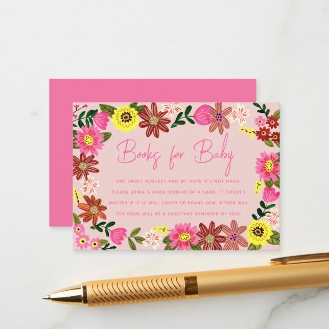 Sweet Pink floral Baby Shower Book Request Enclosure Card (Front/Back In Situ)