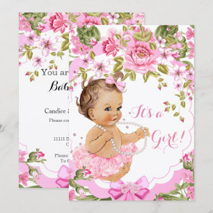 Sweet Pink Floral Baby Shower Girl Brunette Tutu Invitation
