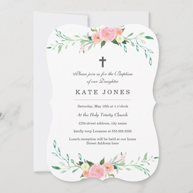 Sweet Pink Floral Baptism Invitation (Front)