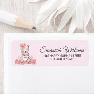 Sweet Pink Floral Bear It's A Girl Announcement