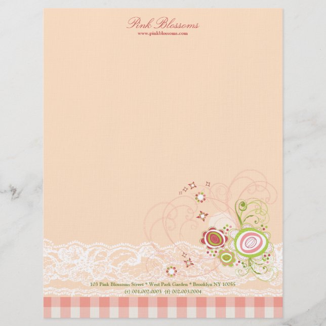 Sweet Pink Floral Blooms Checks Chic Lace Business Custom Letterhead (Front)