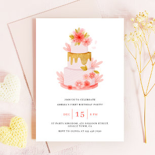 Sweet Pink Floral Cake Baby Girl Birthday Invitation