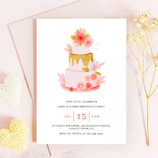 Sweet Pink Floral Cake Baby Girl Birthday Invitation