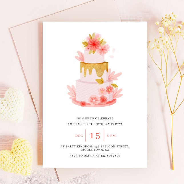 Sweet Pink Floral Cake Baby Girl Birthday Invitation (Creator Uploaded)