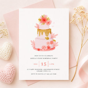 Sweet Pink Floral Cake Baby Girl Birthday Invitation