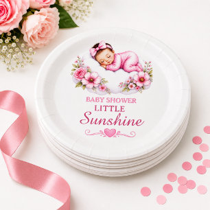 Sweet Pink Floral Cloud Little Sunshine Party Paper Plate
