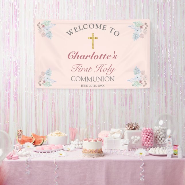 Sweet Pink Floral First Holy Communion Welcome Banner (Party)