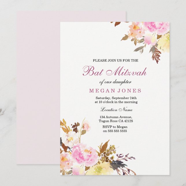 Sweet Pink Floral Girl Bat Mitzvah Invitation (Front/Back)