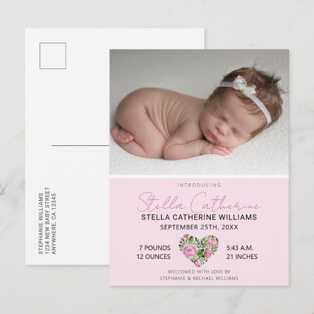Sweet Pink Floral Heart Baby Photo Birth  Announcement Postcard (Front/Back)