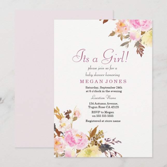 Sweet Pink Floral Its a Girl Baby Shower Invite (Front/Back)
