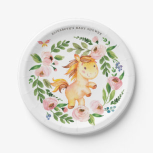 Sweet Pink Floral Pony Horse Baby Shower Birthday Paper Plate