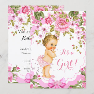 Sweet Pink Floral Rose Baby Shower Girl Blonde Invitation