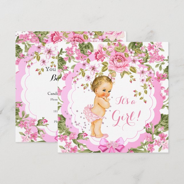 Sweet Pink Floral Rose Baby Shower Girl Blonde Invitation (Front/Back)