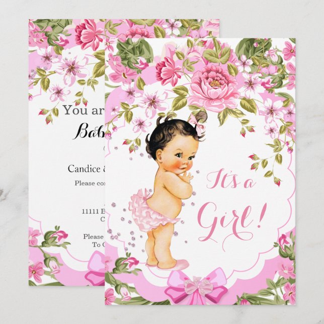 Sweet Pink Floral Rose Baby Shower Girl Brunette Invitation (Front/Back)