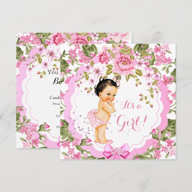 Sweet Pink Floral Rose Baby Shower Girl Brunette Invitation (Front/Back)