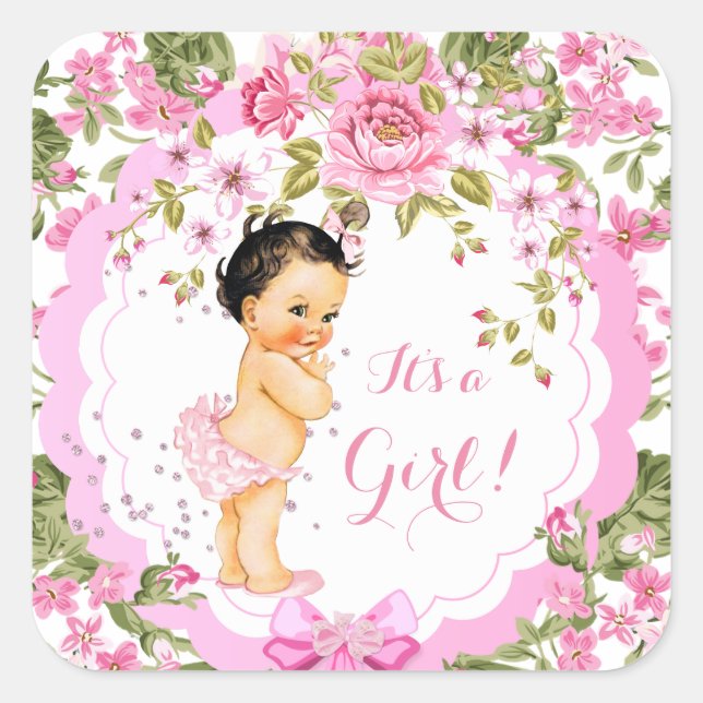 Sweet Pink Floral Rose Baby Shower Girl Brunette Square Sticker (Front)