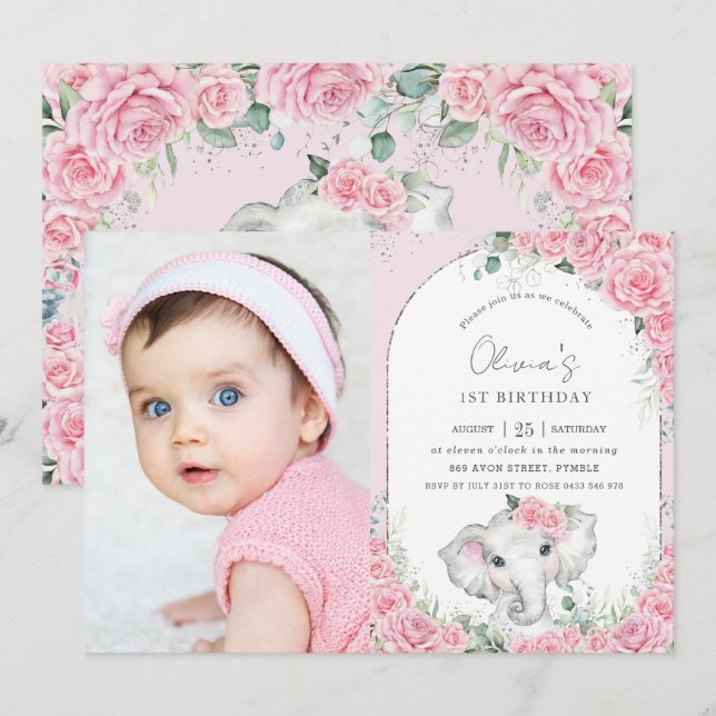 Sweet Pink Floral Roses Elephant Birthday Photo Invitation (Front/Back)