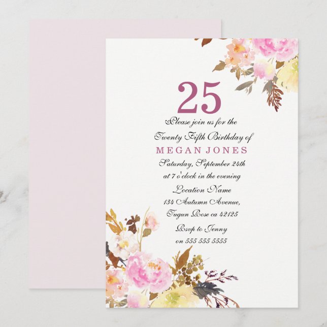 Sweet Pink Floral Script 25th Birthday Invitation (Front/Back)