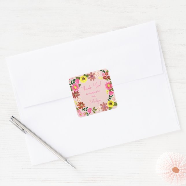 Sweet Pink Flowers Floral Baby Shower Square Sticker (Envelope)