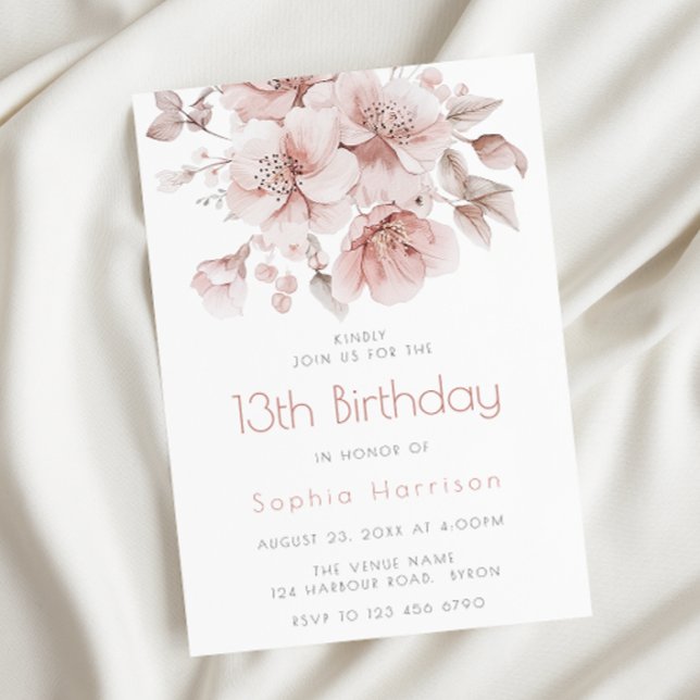 Sweet Pink Flowers Girls 13th Birthday Party Invitation (Creator Uploaded)