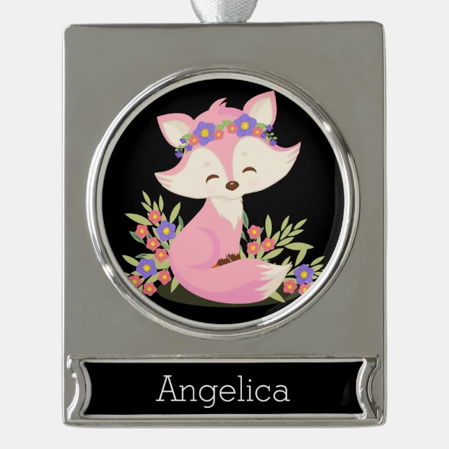 Sweet Pink Fox Personalised Silver Plated Banner Ornament (Front)