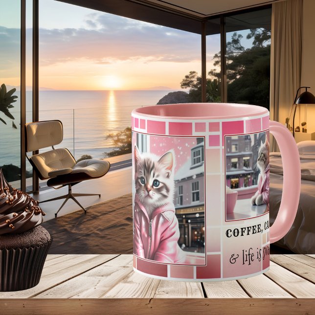 Sweet Pink Funny Cat Coffee Mug (Funny cat mug featuring your photos (optional) framed by a checkered design in sweet pink )