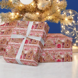 Sweet Pink Gingerbread Houses - Festive Holiday Wrapping Paper