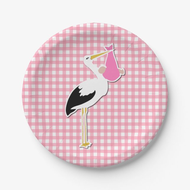 Sweet Pink Gingham and Stork Baby Shower Plate (Front)