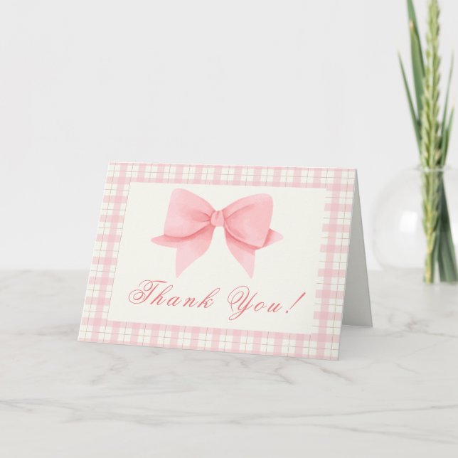 Sweet Pink Gingham Plaid Bow Girl Baby Shower Thank You Card (Front)