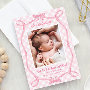 Sweet Pink Gingham Ribbon Bow Birth Announcement