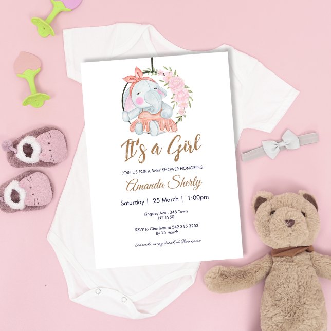 Sweet Pink Girl Elephant Baby Shower Invitation (Sweet Pink Girl Elephant Baby Shower Invite)