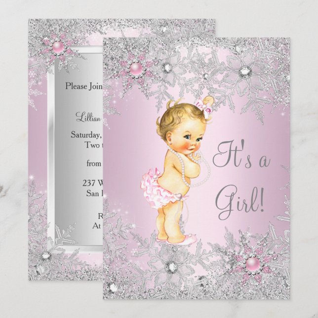 Sweet Pink Girl Girl Baby Shower Snowflake Blonde Invitation (Front/Back)