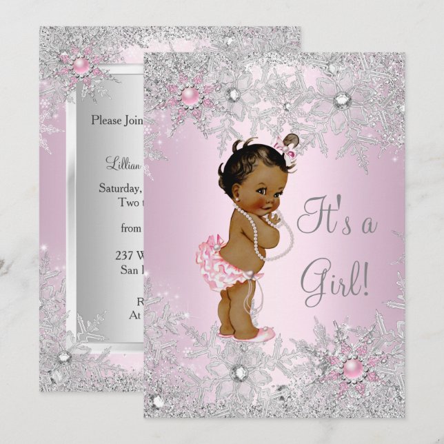 Sweet Pink Girl Girl Baby Shower Snowflake Ethnic Invitation (Front/Back)