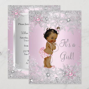 Sweet Pink Girl Girl Baby Shower Snowflake Ethnic Invitation