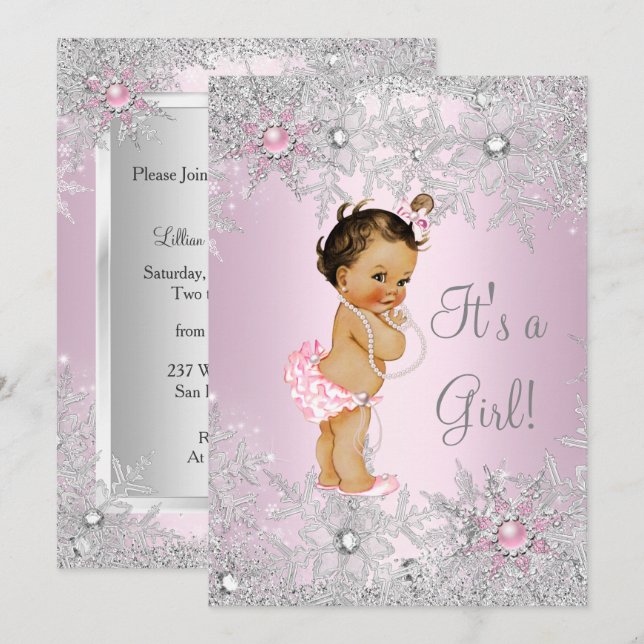 Sweet Pink Girl Girl Baby Shower Snowflake Winter Invitation (Front/Back)