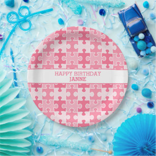 Sweet Pink Girly Puzzle Pieces Paper Plate