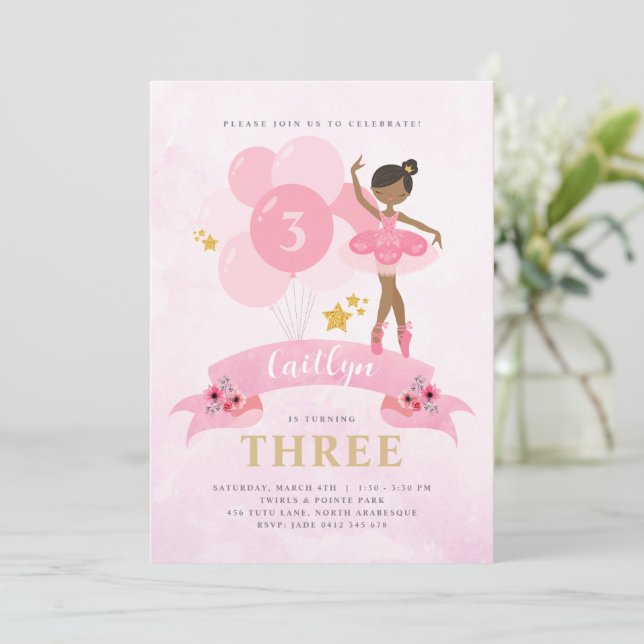 Sweet Pink & Gold Ballerina Birthday Invitation (Standing Front)