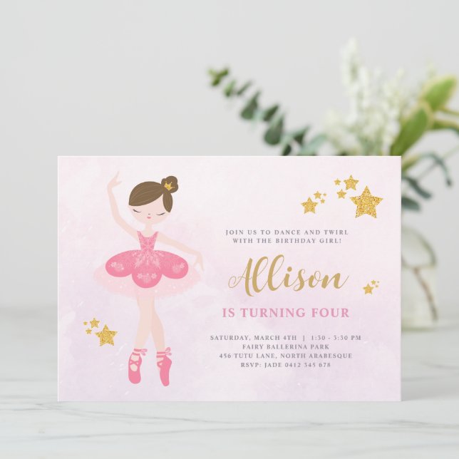 Sweet Pink & Gold Ballerina Birthday Invitation (Standing Front)