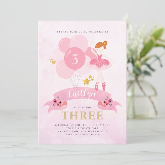 Sweet Pink & Gold Ballerina Birthday Invitation (Standing Front)
