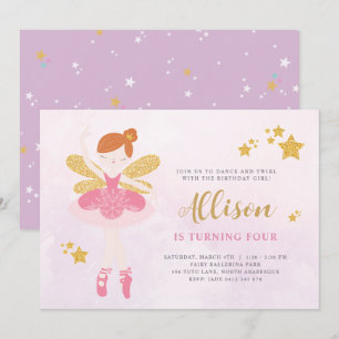 Sweet Pink & Gold Ballerina Fairy Birthday Invitat Invitation